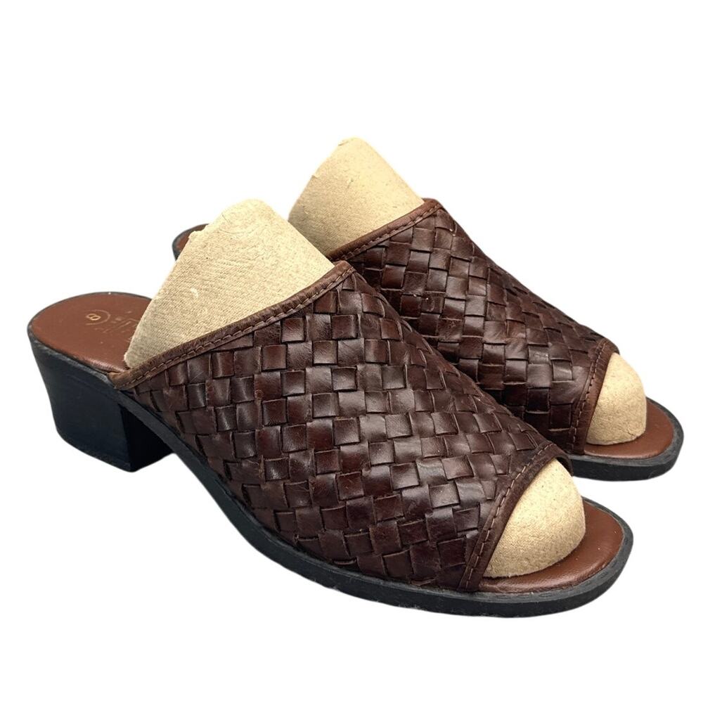 The Leather Collection Y2K Brown Woven Fisherman Slide Block Heel Sandal Women 8